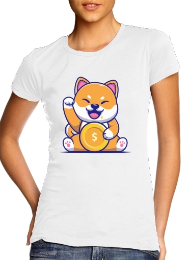  Shiba Inu Crypto para T-shirt branco das mulheres
