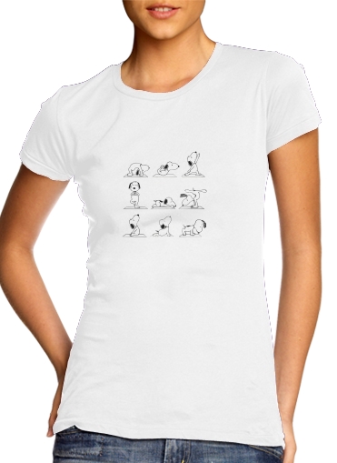 purple- Snoopy Yoga para T-shirt branco das mulheres