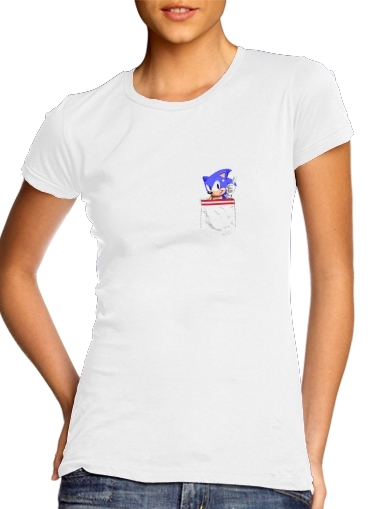  Sonic in the pocket para T-shirt branco das mulheres