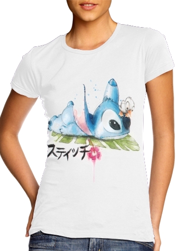  Stitch watercolor para T-shirt branco das mulheres