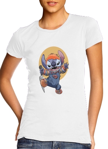  Stitch X Chucky Halloween para T-shirt branco das mulheres