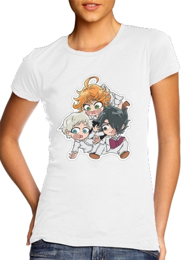  The Promised Neverland - Emma, Ray, Norman Chibi para T-shirt branco das mulheres