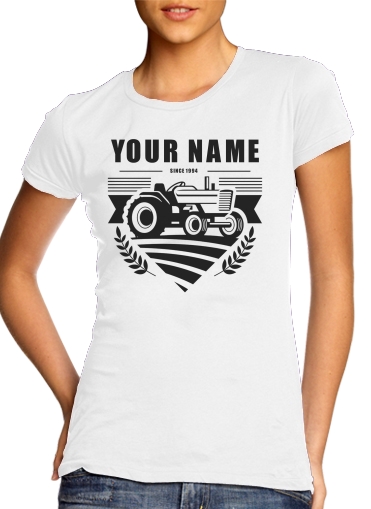  Tractor Farm Logo Custom para T-shirt branco das mulheres