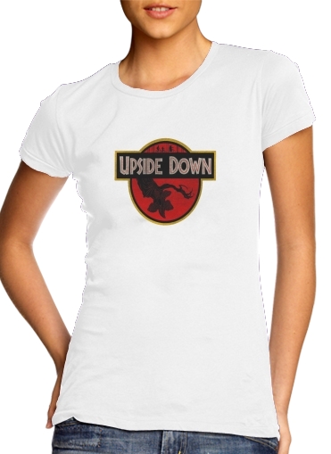  Upside Down X Jurassic para T-shirt branco das mulheres