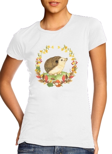  watercolor hedgehog in a fall woodland wreath para T-shirt branco das mulheres