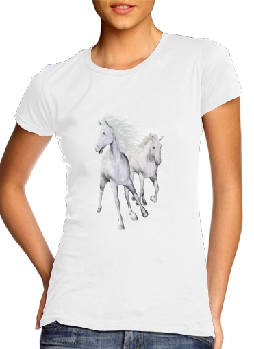  White Horses On The Beach para T-shirt branco das mulheres