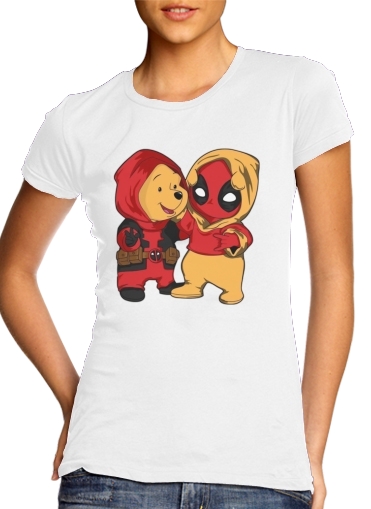  Winnnie the Pooh x Deadpool para T-shirt branco das mulheres