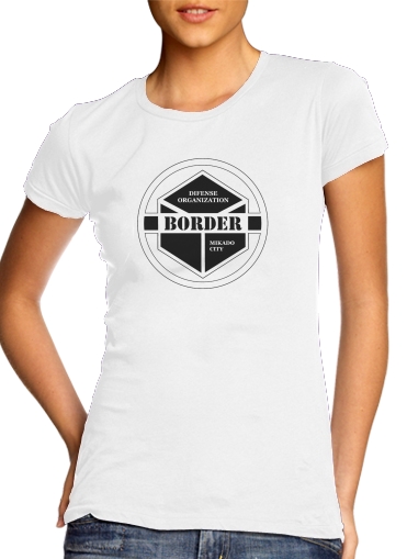  World trigger Border organization para T-shirt branco das mulheres