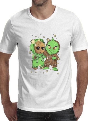 Baby Groot and Grinch Christmas para Manga curta T-shirt homem em torno do pescoço