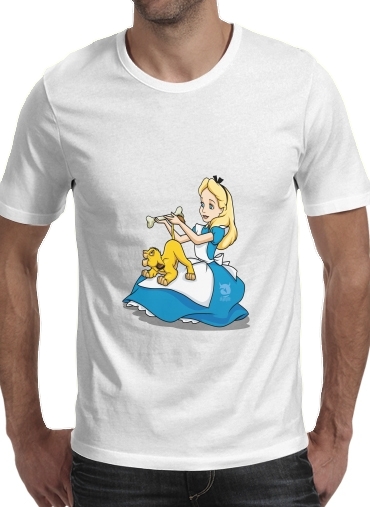  Disney Hangover Alice and Simba para Manga curta T-shirt homem em torno do pescoço