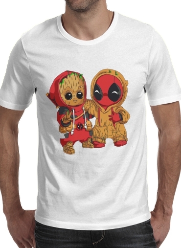  Groot x Deadpool para Manga curta T-shirt homem em torno do pescoço