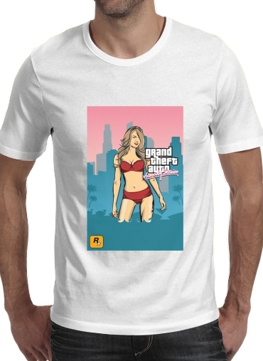  GTA collection: Bikini Girl Miami Beach para Manga curta T-shirt homem em torno do pescoço