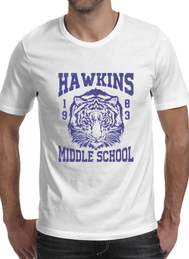  Hawkins Middle School University para Manga curta T-shirt homem em torno do pescoço
