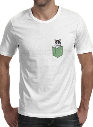  Husky Dog in the pocket para Manga curta T-shirt homem em torno do pescoço