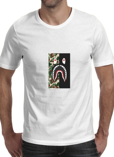  Shark Bape Camo Military Bicolor para Manga curta T-shirt homem em torno do pescoço