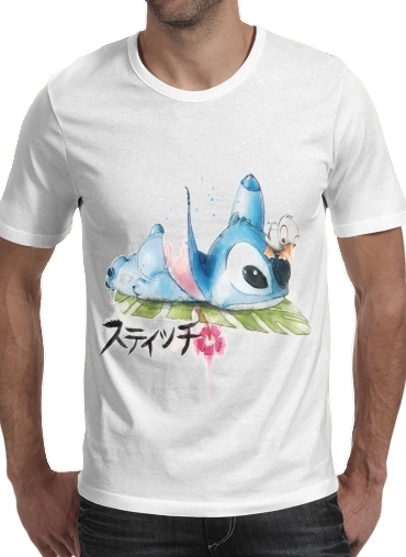  Stitch watercolor para Manga curta T-shirt homem em torno do pescoço