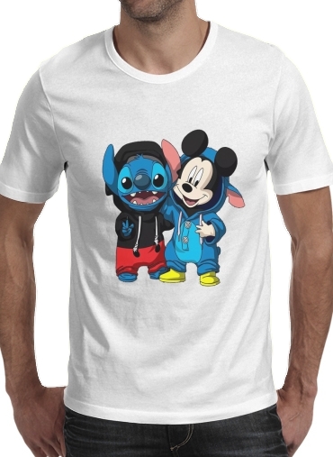  Stitch x The mouse para Manga curta T-shirt homem em torno do pescoço