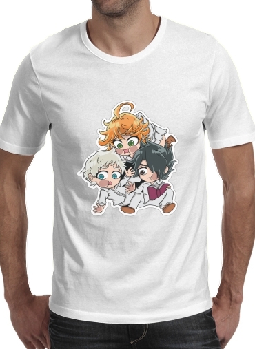  The Promised Neverland - Emma, Ray, Norman Chibi para Manga curta T-shirt homem em torno do pescoço