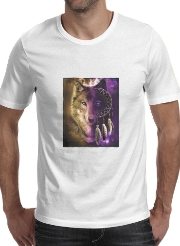  Wolf Dreamcatcher para Manga curta T-shirt homem em torno do pescoço
