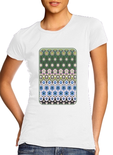  Abstract ethnic floral stripe pattern white blue green para T-shirt branco das mulheres