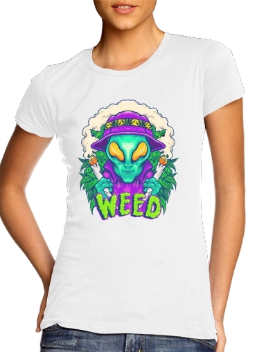  Alien smoking cannabis cbd para T-shirt branco das mulheres