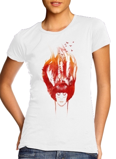  Burning Forest para T-shirt branco das mulheres