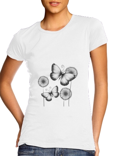  Butterflies Dandelion para T-shirt branco das mulheres