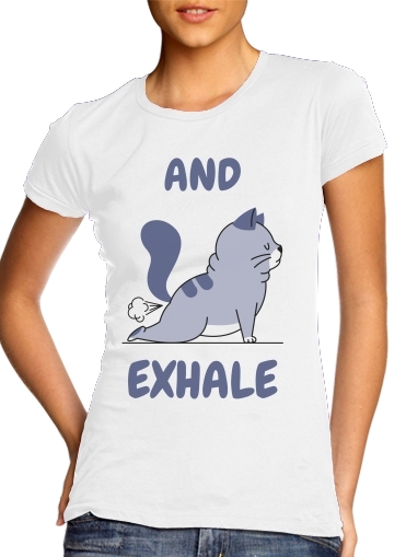  Cat Yoga Exhale para T-shirt branco das mulheres