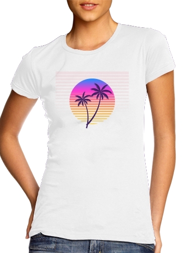  Classic retro 80s style tropical sunset para T-shirt branco das mulheres