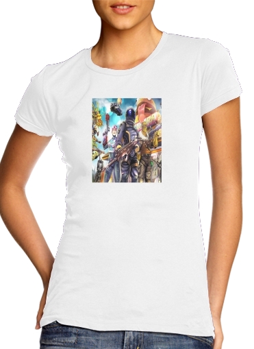  Fortnite Characters with Guns para T-shirt branco das mulheres