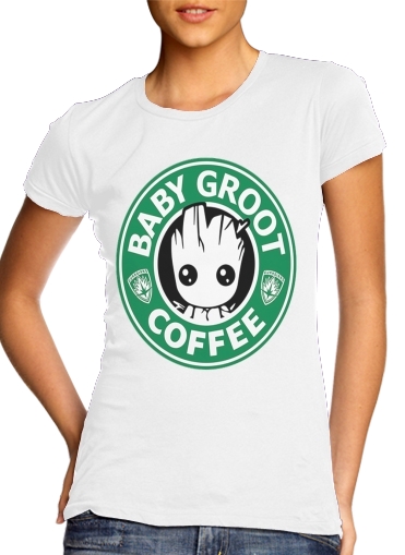  Groot Coffee para T-shirt branco das mulheres