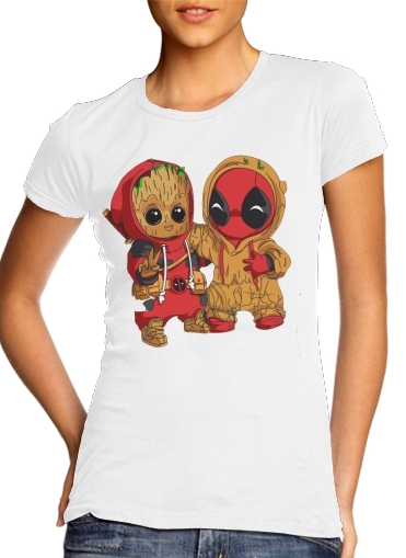  Groot x Deadpool para T-shirt branco das mulheres