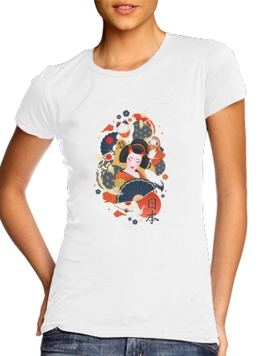  Japanese geisha surrounded with colorful carps para T-shirt branco das mulheres