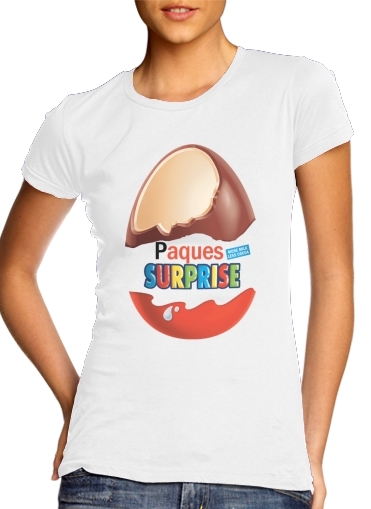  Joyeuses Paques Inspired by Kinder Surprise para T-shirt branco das mulheres