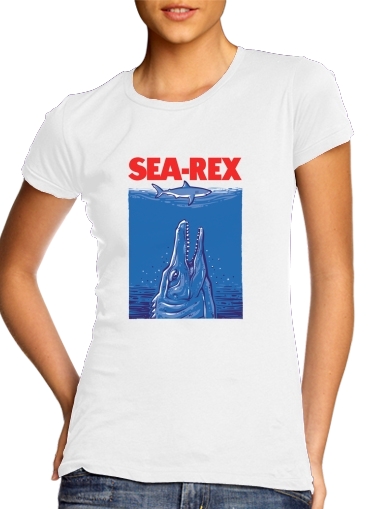  Jurassic World Sea Rex para T-shirt branco das mulheres