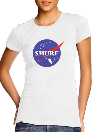  Nasa Joke Smurf para T-shirt branco das mulheres