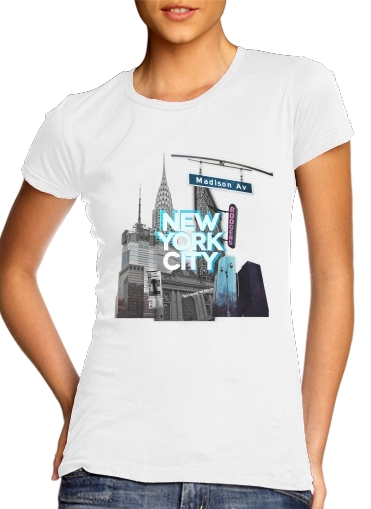  New York City II [blue] para T-shirt branco das mulheres