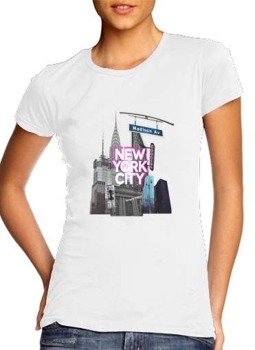  New York City II [pink] para T-shirt branco das mulheres