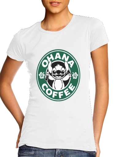  Ohana Coffee para T-shirt branco das mulheres