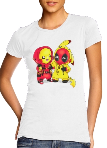  Pikachu x Deadpool para T-shirt branco das mulheres