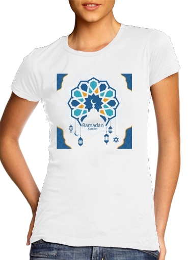  Ramadan Kareem Blue para T-shirt branco das mulheres