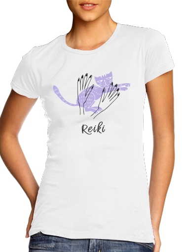  Reiki Animals Cat  para T-shirt branco das mulheres
