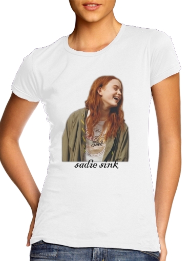  Sadie Sink collage para T-shirt branco das mulheres