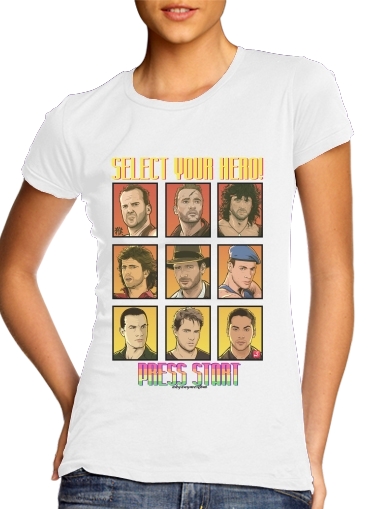 Select your Hero Retro 90s para T-shirt branco das mulheres