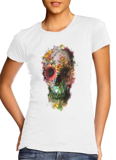  Skull Flowers Gardening para T-shirt branco das mulheres