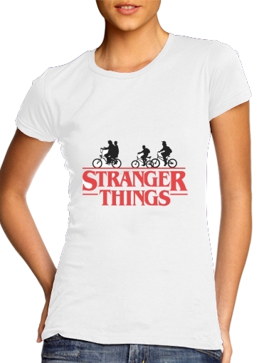 Stranger Things by bike para T-shirt branco das mulheres