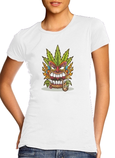  Tiki mask cannabis weed smoking para T-shirt branco das mulheres