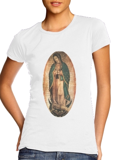  Virgen Guadalupe para T-shirt branco das mulheres