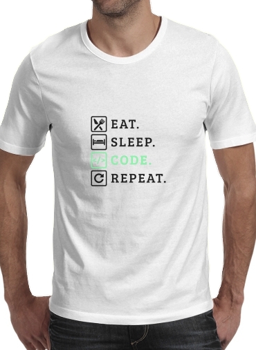  Eat Sleep Code Repeat para Manga curta T-shirt homem em torno do pescoço