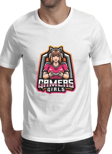  Gamers Girls para Manga curta T-shirt homem em torno do pescoço